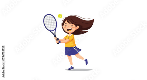 Young girl playing tennis, swinging her racket at a ball with focus and determination.