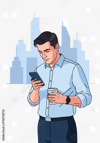 Businessman Checking Smartphone on Coffee Break with City Skyline
