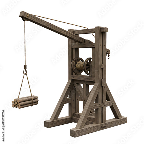 Medieval Wooden Crane 3D Rendering Historic Lifting Machine