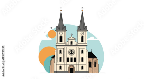 Illustrated facade of a grand cathedral with two spires, a rose window, and surrounding decorative elements.