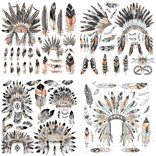 Ink and watercolor feather headdresses and headpieces in black, orange, and teal. Ceremonial boho elements, isolated clipart for patterns, posters, crafts, and tribal-inspired designs.