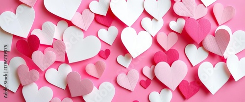 Delicate paper hearts, various sizes and textures, scattered on a soft pink background,  holiday, valentines