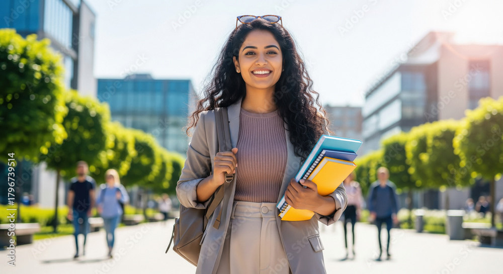 Obraz premium Smiling Indian student with books on modern university campus