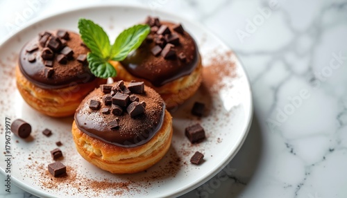 Three chocolate cream filled pastries with dark glaze sit on white plate. Doughnut like sweets dusted with cocoa powder have chocolate pieces and mint leaf garnish.