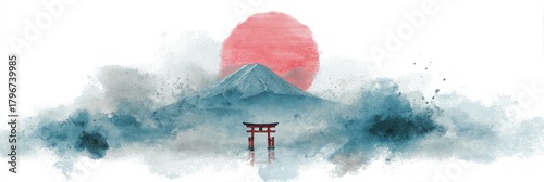 Watercolor depiction of Mt. Fuji with red sun, shrine, and misty landscape