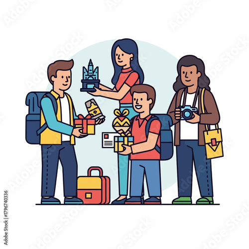 Group of people with backpacks holding travel souvenirs and a camera.