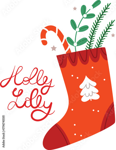 Christmas red sock for gifts. Sock over the fireplace. Winter home decoration. Christmas tree branches