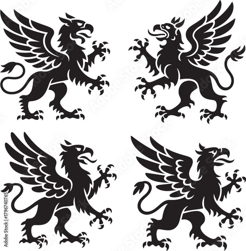 Griffin Heraldic Emblems Symbol Illustrations Set Roaring Wings Guarding Postures Icons