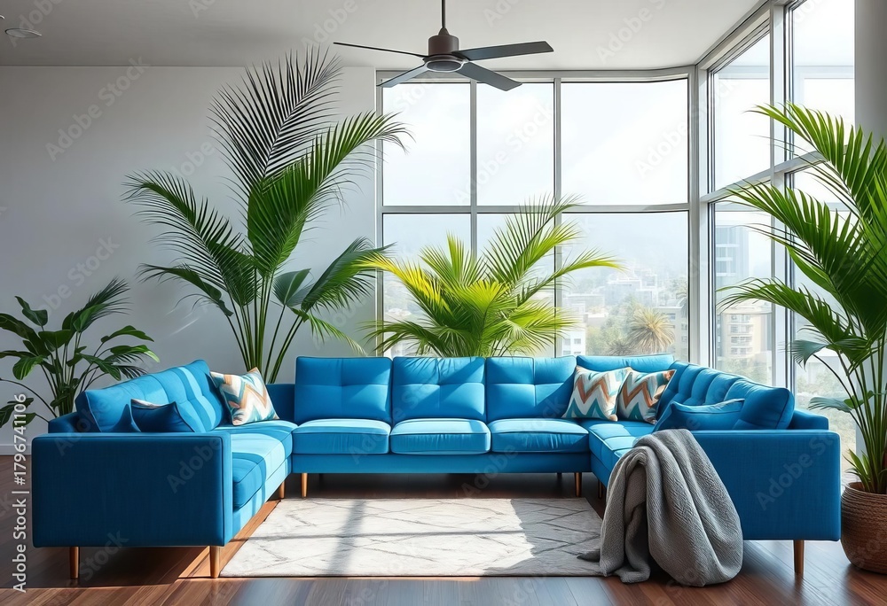 Fototapeta premium Modern living room, blue sofa, lush palms, sunlight streams through large window, minimal, contemporary