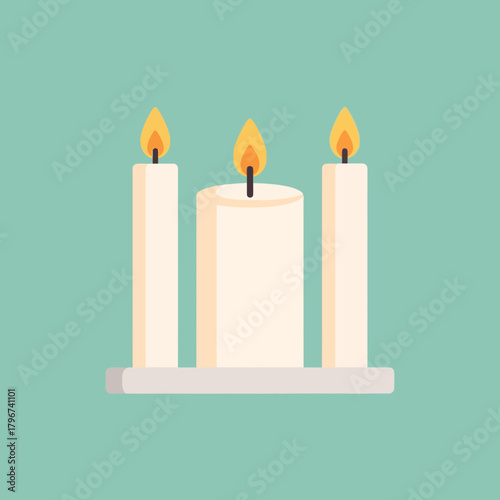 Three lit candles stand on a shelf with flames burning upward.
