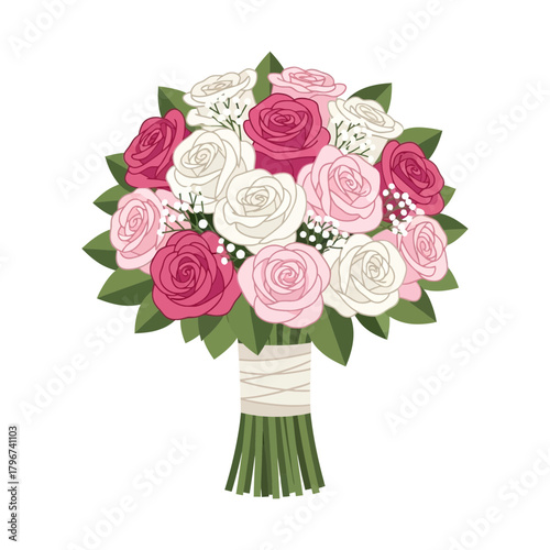 A bouquet of roses in various shades of pink and white tied with twine.