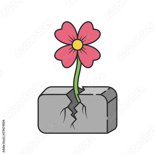 A pink flower blooms from a cracked gray block.