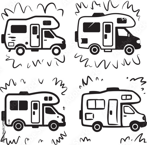 Cartoon Camper Van Set Drawing: Recreational Vehicle Auto Mobile Outline Sketch Icon