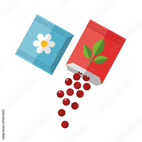 Two small bags with seeds are shown one pouring out a few round red seeds.