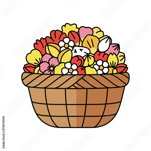 A basket overflowing with colorful flowers of various shapes and sizes.