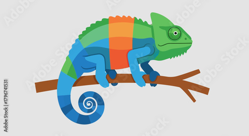 Vibrant chameleon perched on a branch against a simple background art design style