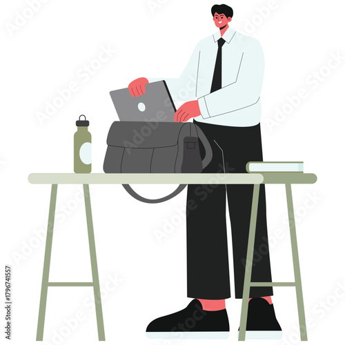 Employee Illustration. Vector illustration of Man packs laptop and essentials into a messenger bag for work. Isolated on background