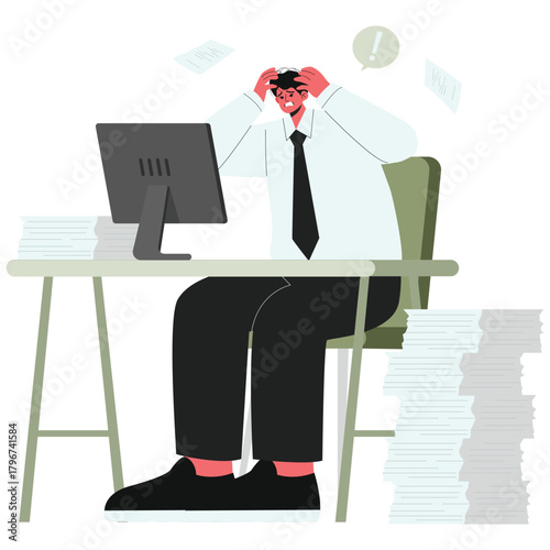 Employee Illustration. Vector illustration of Stressed employee faces heavy paperwork at a computer desk. Isolated on background