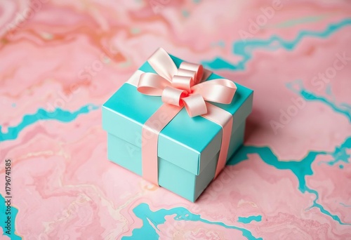 Pastel ribbon adorns a gift box nestled on a marbled pink and teal surface, image, bow