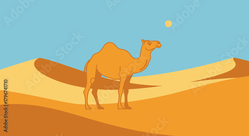 Minimalist desert landscape with camel and sun, creating a serene and stylized vector illustration
