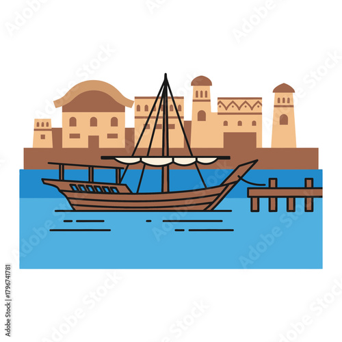 A sailboat floats near buildings and a pier on stylized blue water.