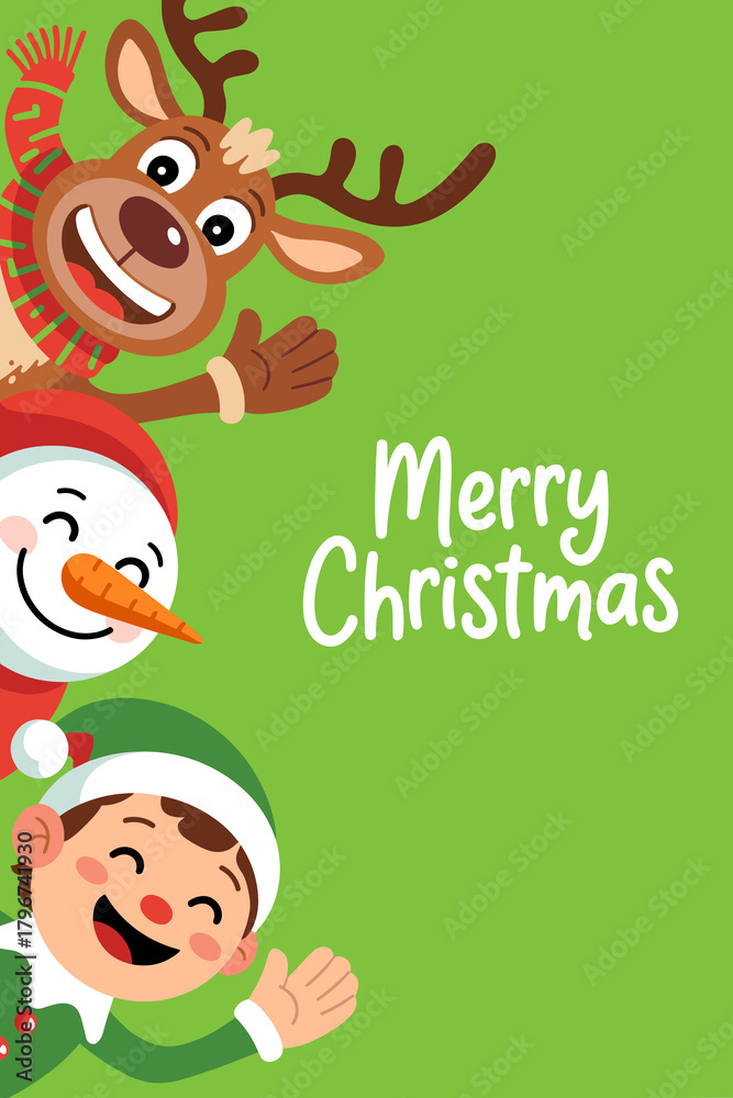 Fototapeta premium Smiling reindeer snowman and elf picking from side on green Christmas background