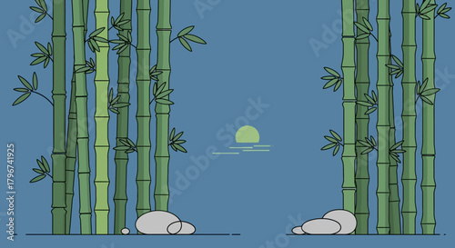 Minimalist zen garden illustration with bamboo stalks and a calming sunset landscape