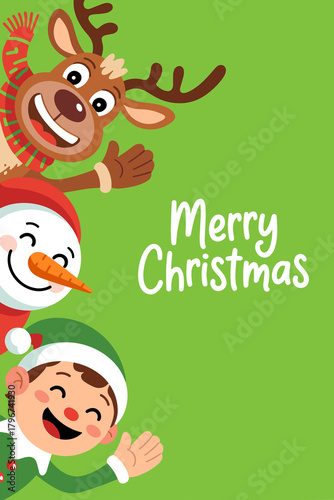Smiling reindeer snowman and elf picking from side on green Christmas background