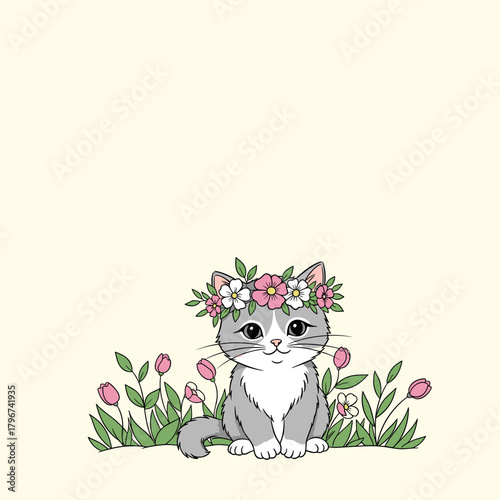 A sweet kitten wearing a beautiful flower crown sits serenely among blooming tulips and lush green grass in this charming illustration.