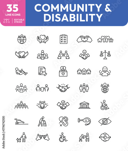 Community and Disability Line Icons Editable Stroke Vector Set