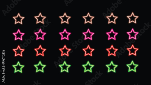 Bright neon star shapes in rows with various colors, modern abstract glowing design