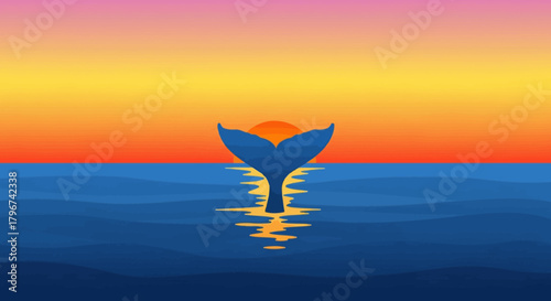 Serene sunset seascape with whale tail rising gracefully from the ocean waters