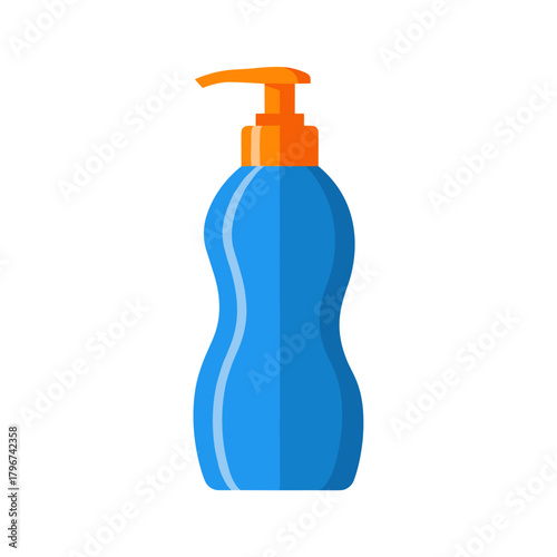 A bright blue bottle with an orange pump dispenser is ready to dispense lotion or sanitizer for skin care.