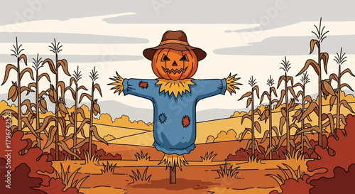 Cartoon illustration of a scarecrow with pumpkin head in autumn landscape during Halloween season