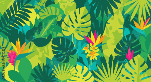 Lush tropical foliage illustration with vibrant exotic flowers creating dense pattern