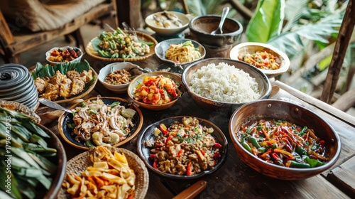 Assortment of Delicious Dishes on a Wooden Table.