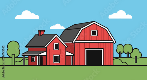 Illustration of a charming red farm with barn, set against a clear blue sky backdrop