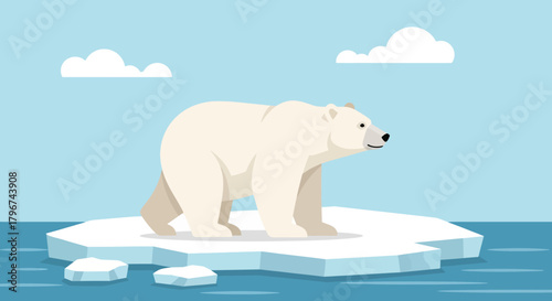Stylized illustration of a polar bear standing on an ice floe in a blue arctic environment