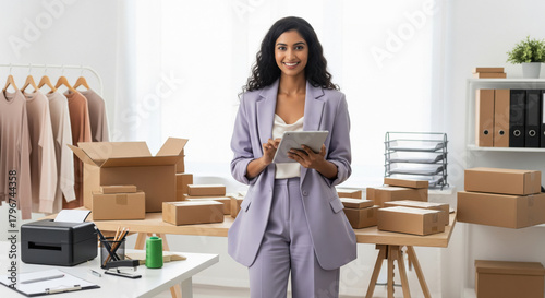 Happy Indian Woman Manages Online Business Shipments with Tablet