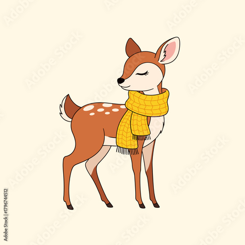 A cute fawn wearing a cozy yellow scarf stands peacefully in a warm-toned environment.