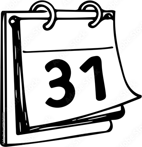 Monochrome doodle of a desk calendar showing the date 31, an isolated vector icon for deadlines, events, and scheduling
