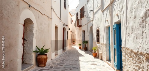 Fototapeta Naklejka Na Ścianę i Meble -  Sun-drenched whitewashed Bari alley, shadows dance on worn stone,  facade,  street