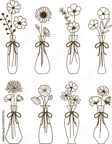Set of 8 Flower Vases w Ribbon Bow SVG, Laser Cut Files Engraving, Silhouette Cricut, Daisy arrangement, Floral Botanical Outline Line Art, Wildflower Bouquet Farmhouse Decor, wedding birthday gift