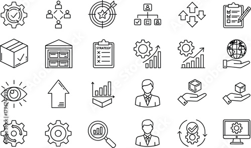 A detailed collection of vector line icons illustrating key concepts in business operations, goal achievement, organizational management, statistical reporting