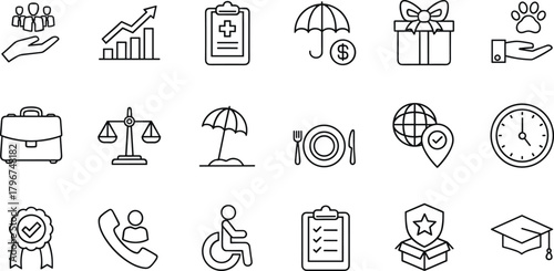 A professional outline icon collection illustrating various personal and corporate services including health, legal, insurance, financial planning, customer support, and educational achievements.