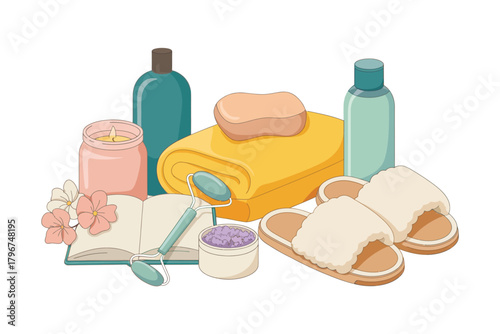Vector illustration of a curated selection of spa and selfcare essentials, featuring a candle, soap, towel, jade roller, cream, and fluffy slippers, presented on a white backdrop