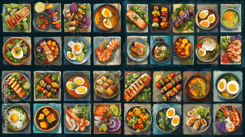 Grid of square dishes featuring eggs, soups, skewers, salmon, shrimp, salads, and veggies. Colorful menu collage for restaurant branding, recipes, meal plans, and food apps.