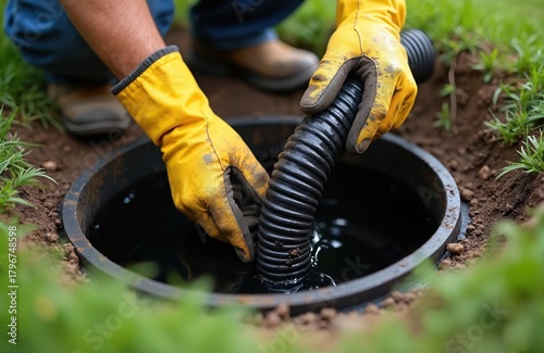 Worker wearing yellow gloves inserts black hose into septic tank opening. Man performs sewage pumping service for household drainage system maintenance.