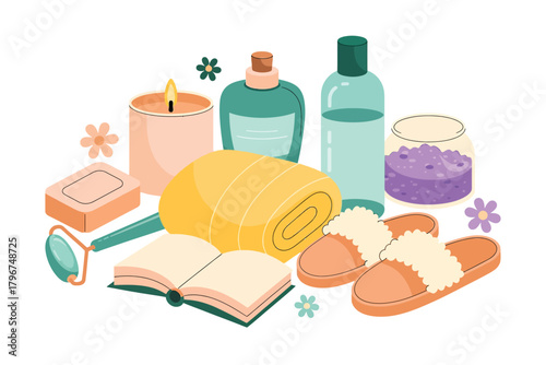 Vector illustration of cozy spa and selfcare items including a lit candle, rolled towel, slippers, jade roller, soap, and bottles