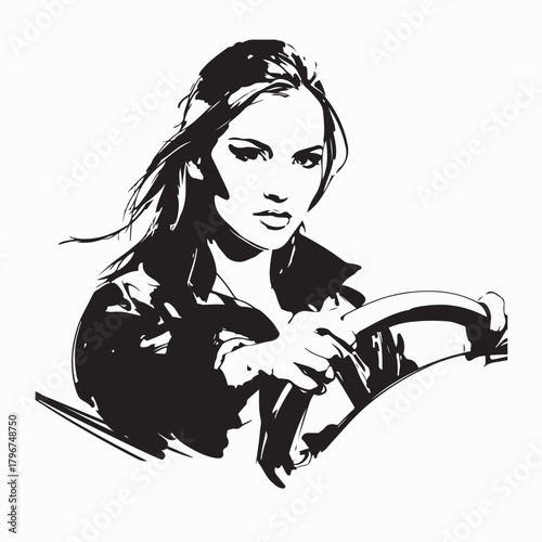 Young Beautiful Woman Driving Car Vector Illustration isolated on white background